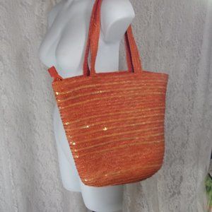 Large Orange Straw Handbag Tote Purse with Sequins  NWOT